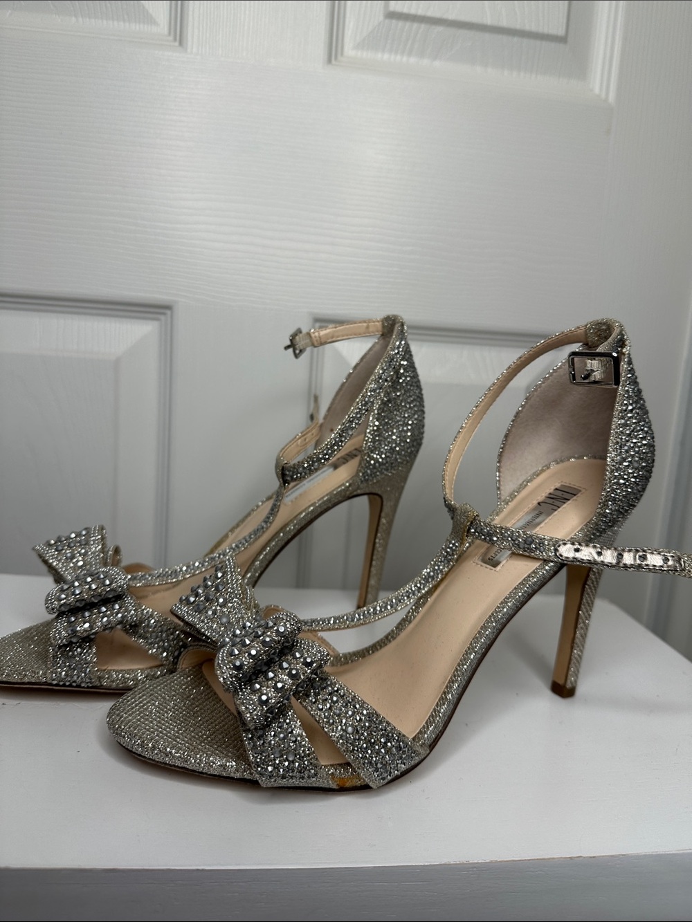 INC International Concepts Silver Glitter Bow Ankle-Strap Heels